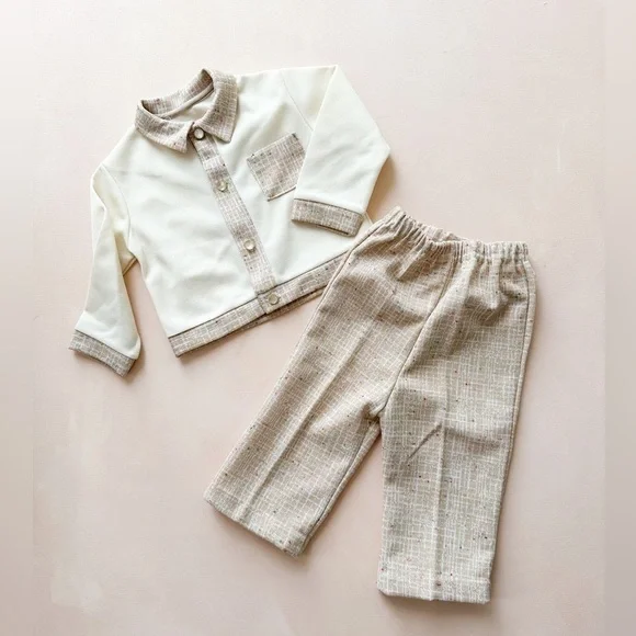 Neutral Baby Set - Vintage Handmade Button Down Top and Pant Set. (3-6m) - Picture 1 of 8